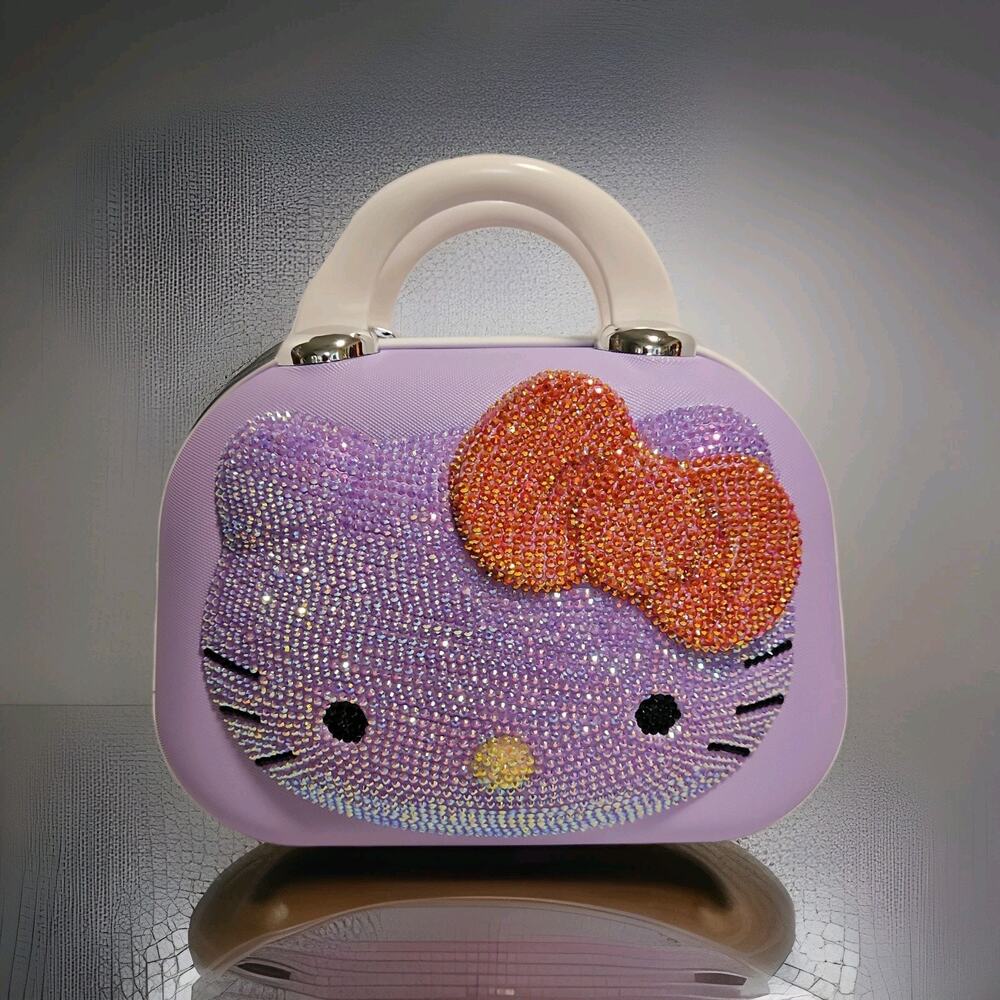 Hello Kitty Purple Rhinestone Bow Hard Case Makeup Bag with Mirror and Handle